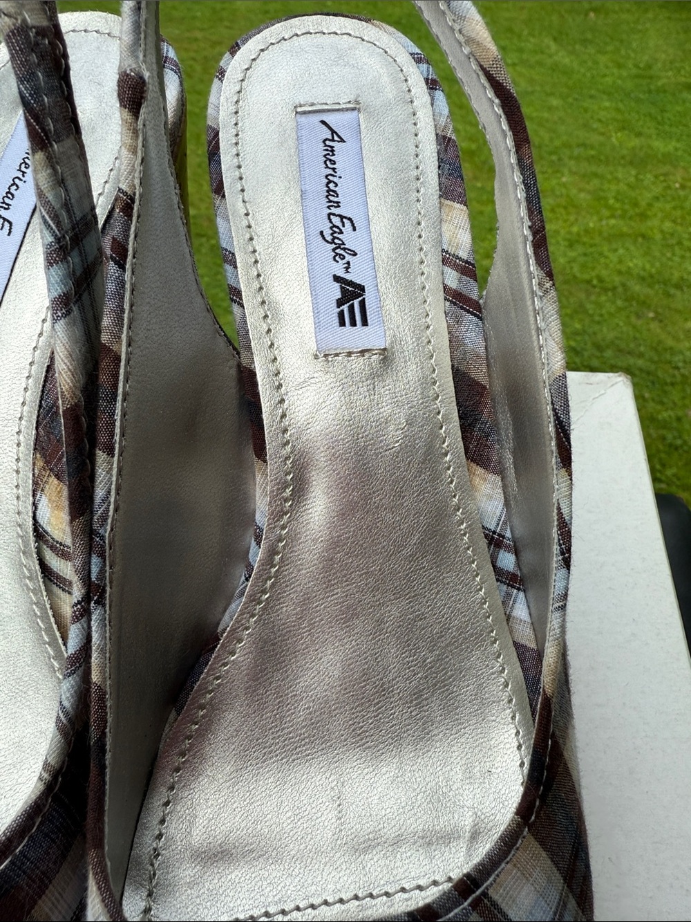 American Eagle Outfitters Brown Plaid Peep-Toe Slingback Wedge Sandals - Picture 3 of 14